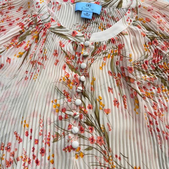 CeCe Women's Pleated Floral-Print Long-Sleeve Top Size M - Picture 8 of 9